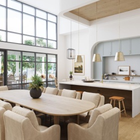 a community kitchen with tables and chairs