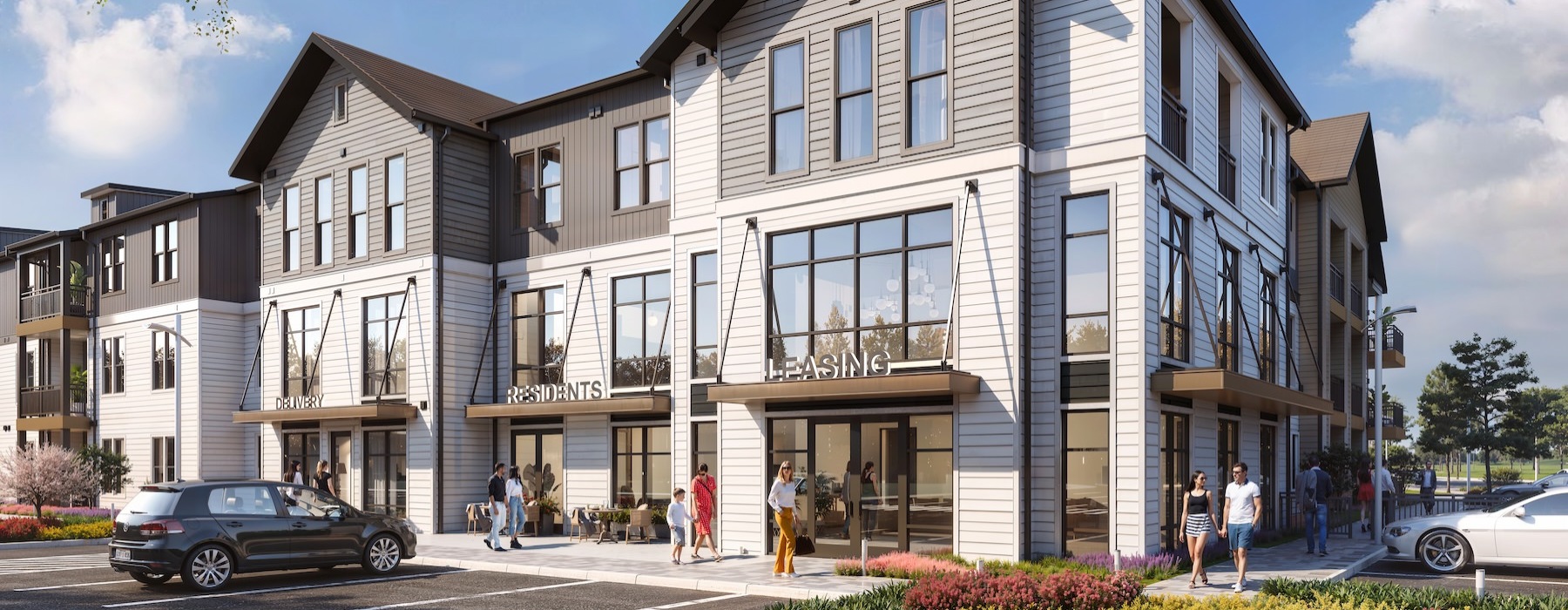 a large building with people walking around