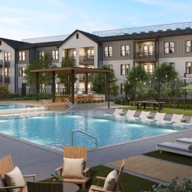 a swimming pool with chairs