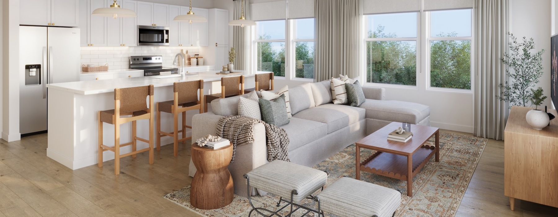 a living room with a couch, tables and chairs