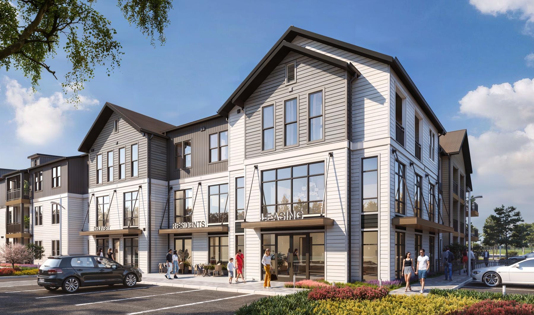 a large building with people walking around